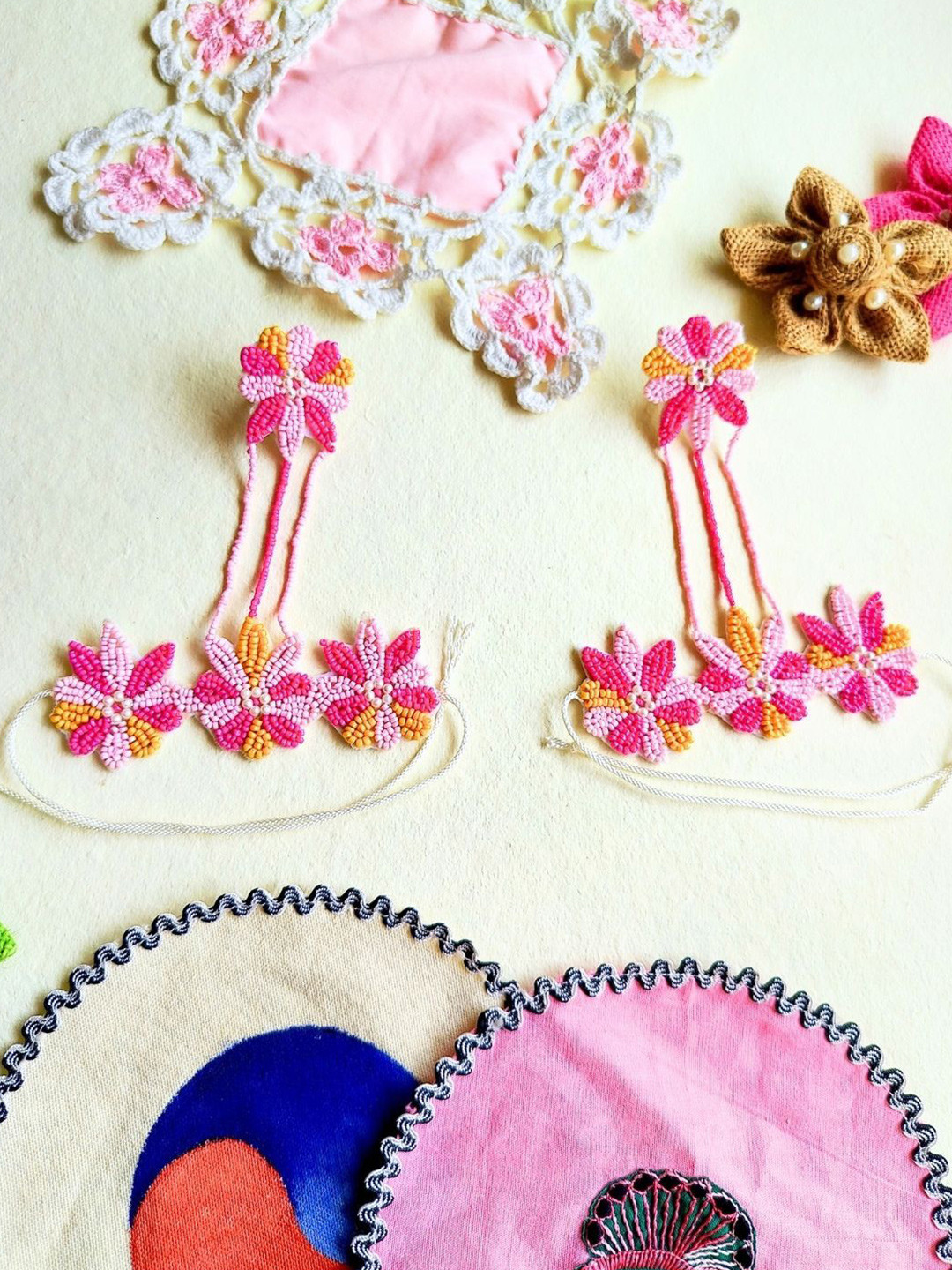 Sangria Pink Set Of 2 Floral Beaded Haathphool Ring Bracelets