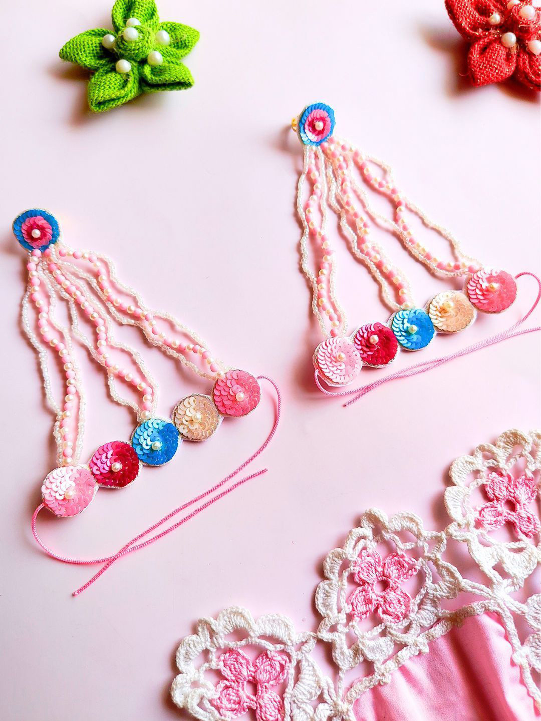 Sangria Pink Set Of 2 Floral Beaded Haathphool Ring Bracelets