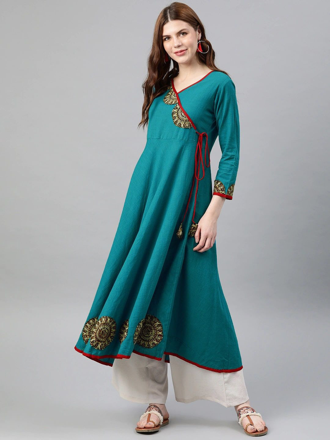 KALINI Geometric Patch Work Angrakha Cotton Anarkali Kurta