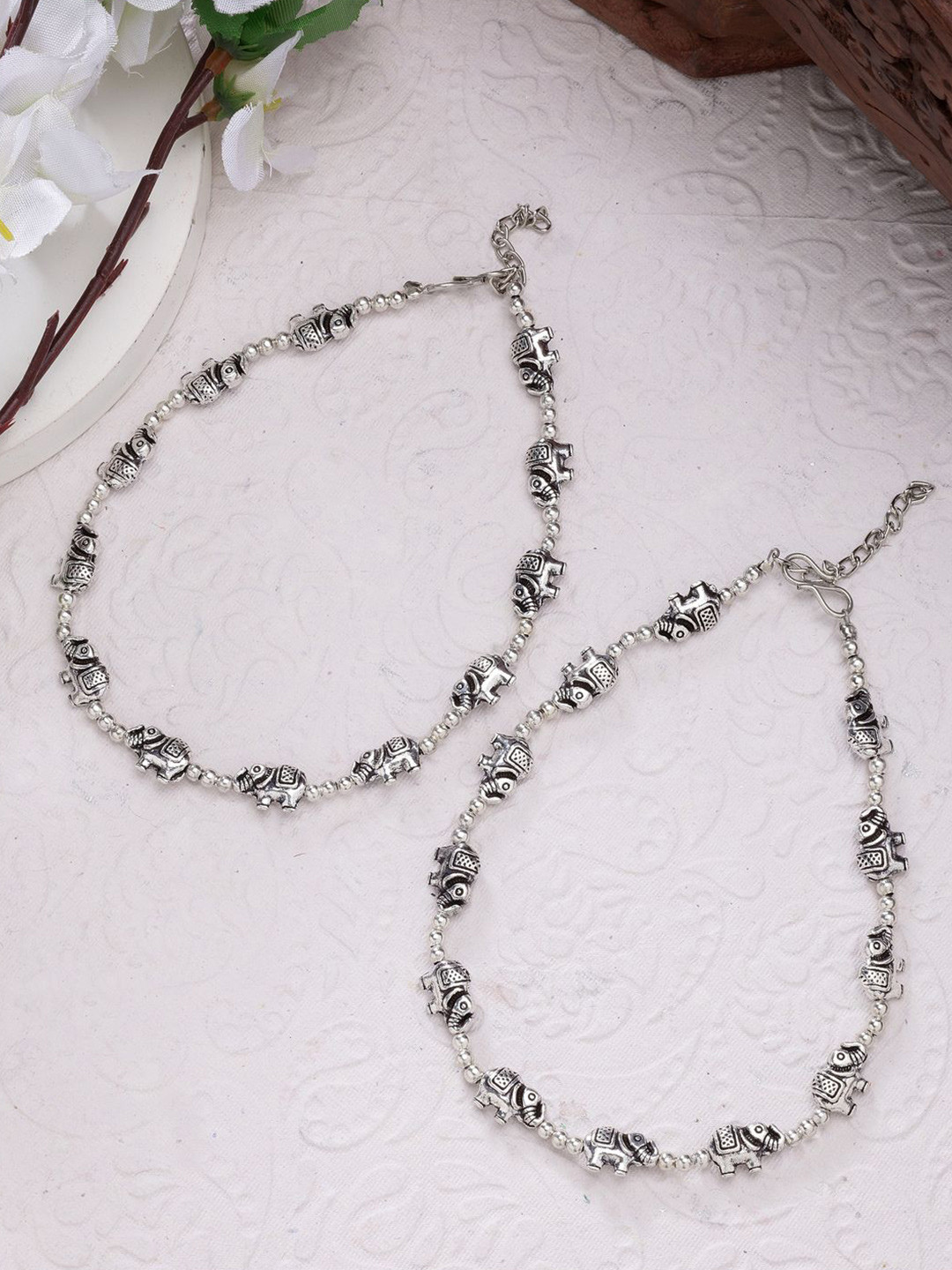 NVR Silver-Plated German Silver Elephant Design Anklets