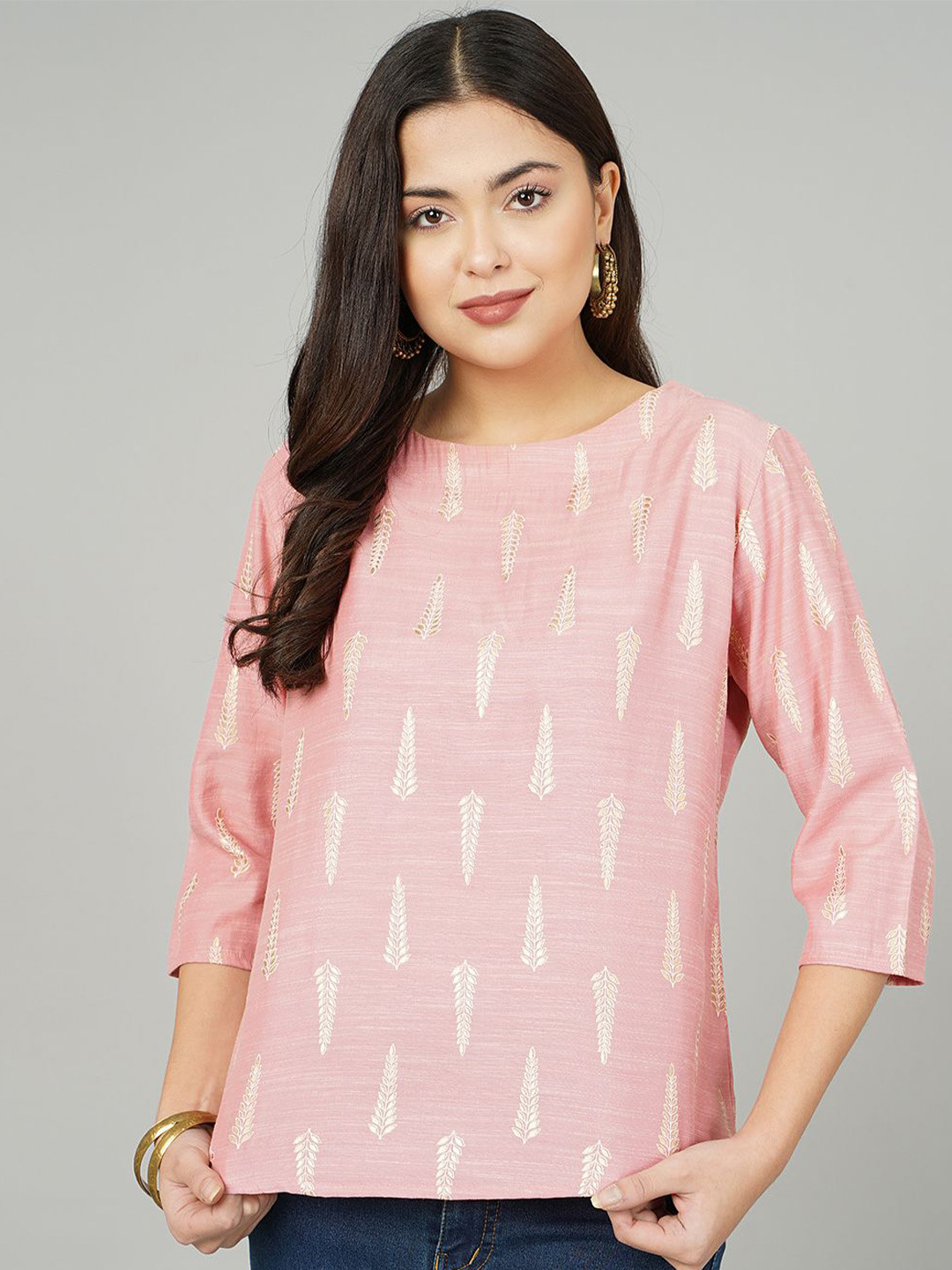 KALINI Golden Petal Foil Printed Cotton Kurti -Cotton Top