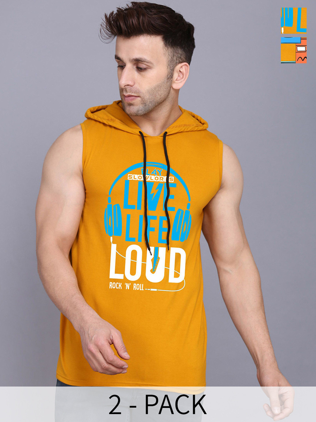 SLOWLORIS Set Of 2 Printed Hooded neck Cotton Gym Innerwear Vests