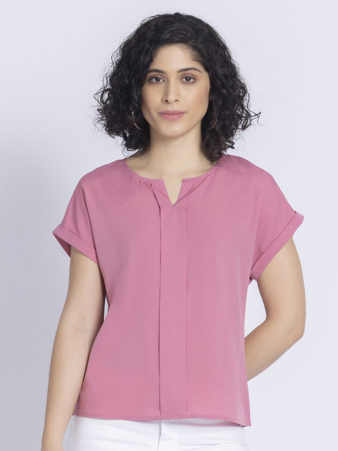 SHAYE Solid Short Sleeves Casual Tops