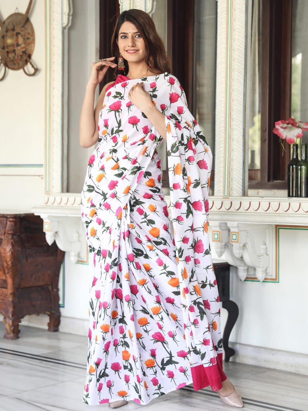 JAIPURI PRINT Pure Cotton No Border Floral Saree