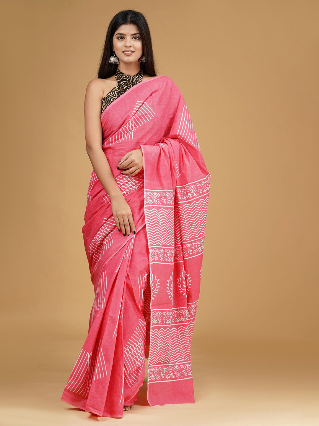 JAIPURI PRINT Pure Cotton Block Printed o Border Saree