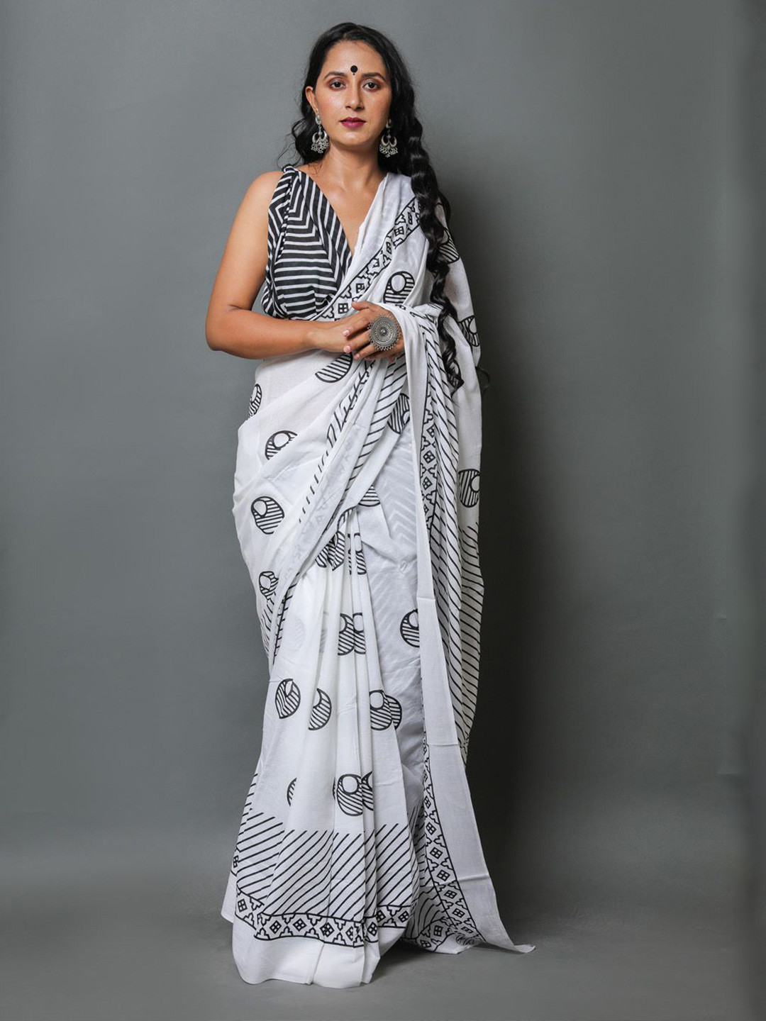 JAIPURI PRINT Pure Cotton Block Print Saree with Blouse