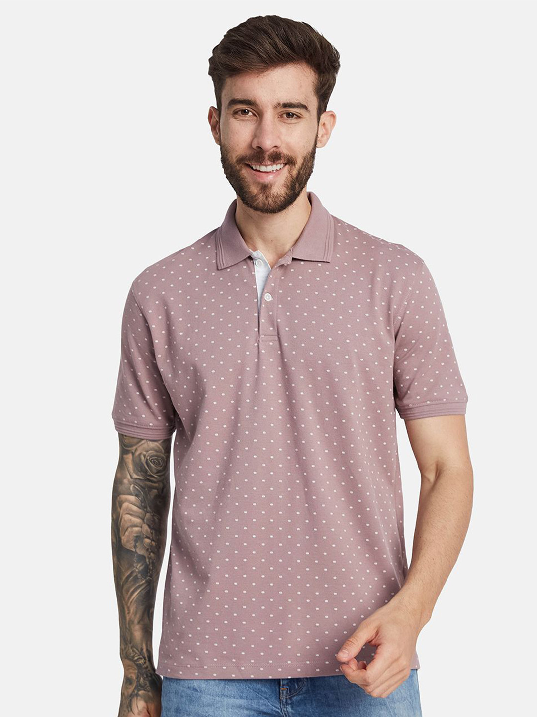 Octave Men Micro Ditsy Printed Polo Collar T-shirt