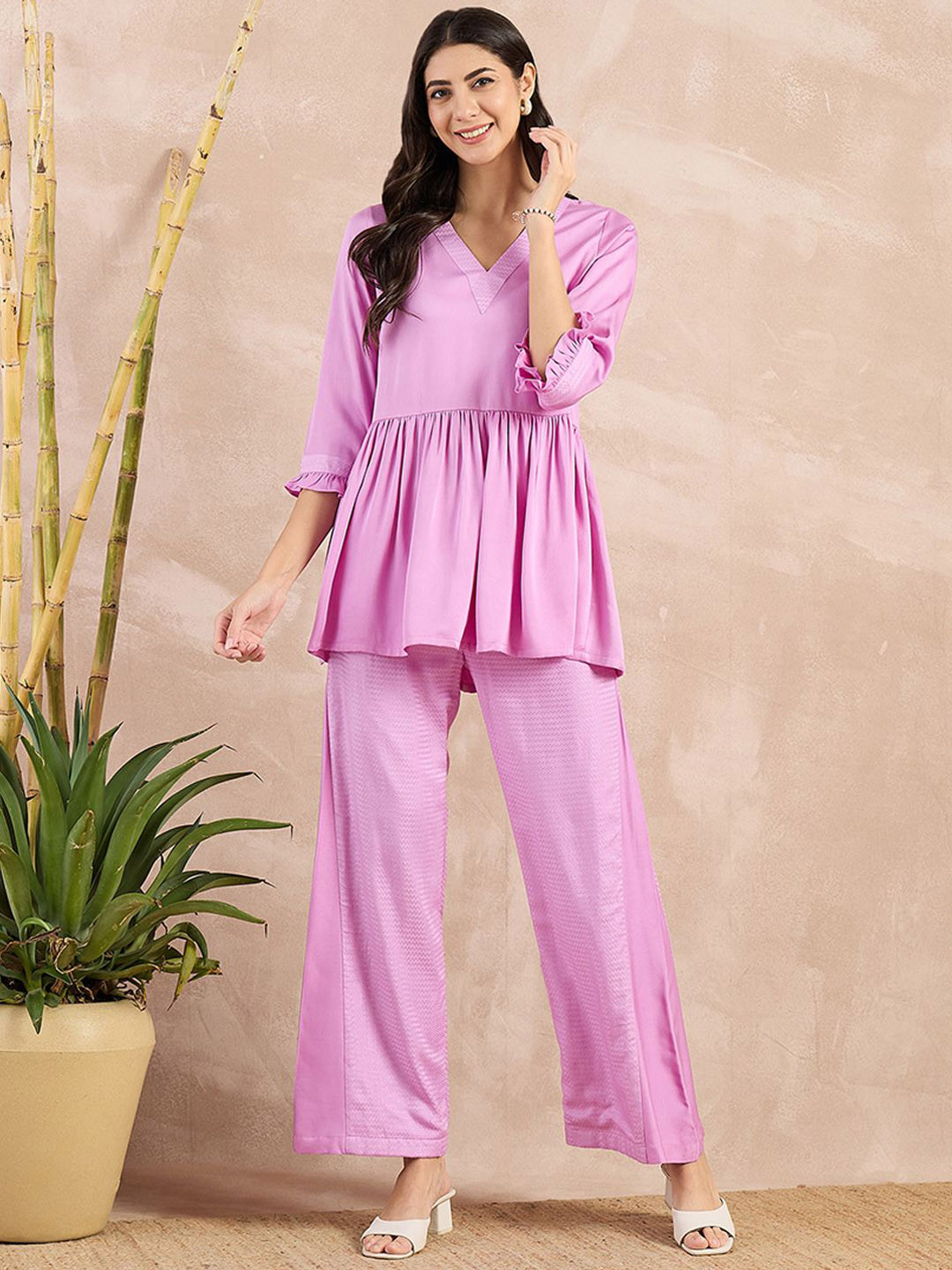 First Resort by Ramola Bachchan Self Design V-Neck Organic Cotton Top With Trousers