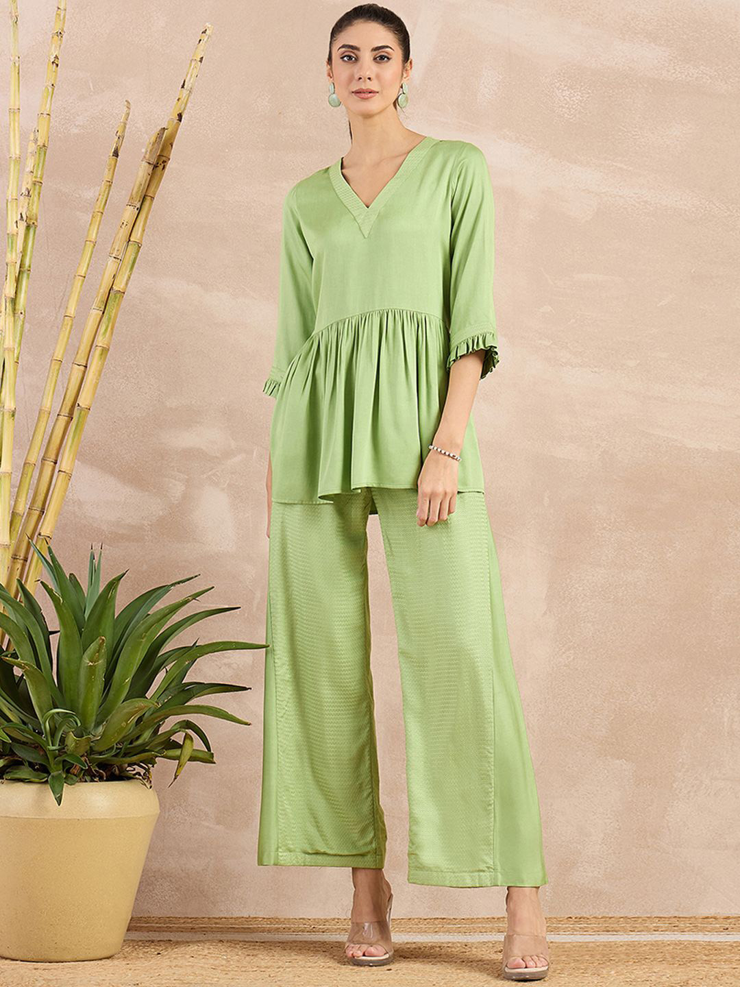 First Resort by Ramola Bachchan Self Design Organic Cotton V-Neck Peplum Top With Trouser