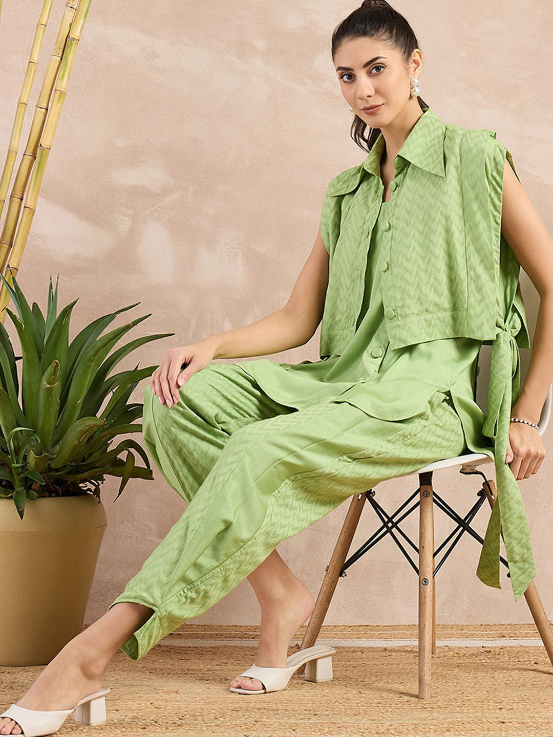 First Resort by Ramola Bachchan Self Design Herringbone Cotton Bib Cover-Up Crop Shrug