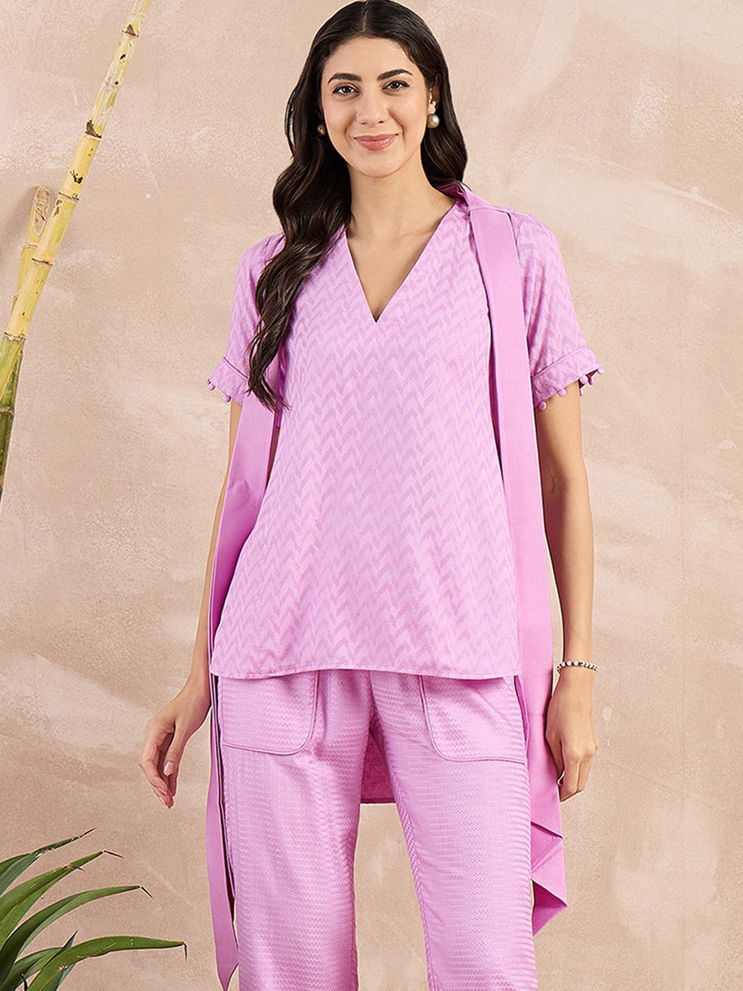 First Resort by Ramola Bachchan Herringbone High-Low Top with Belt