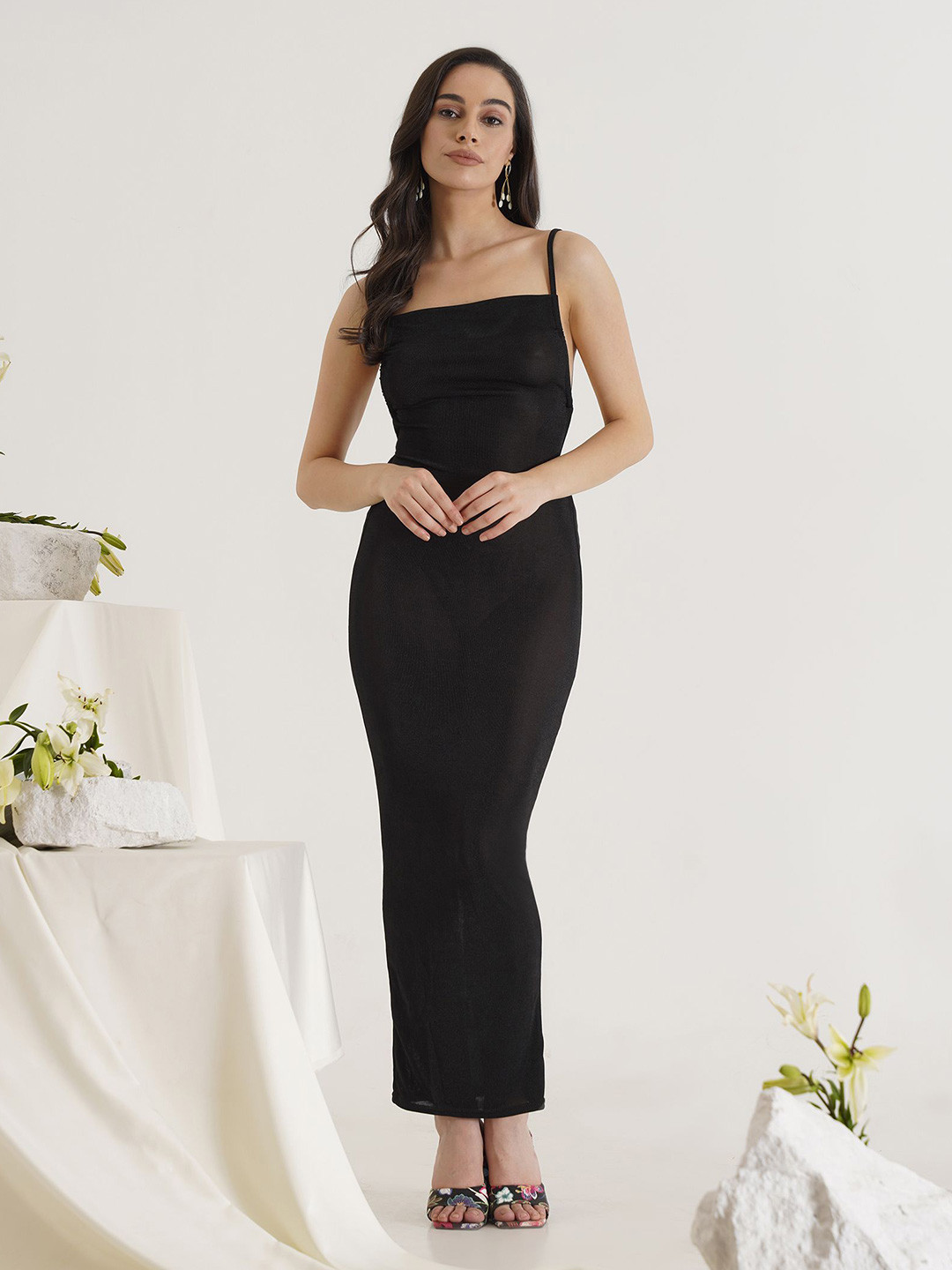 PRIZO Backless Shoulder Straps Maxi Sheath Dress