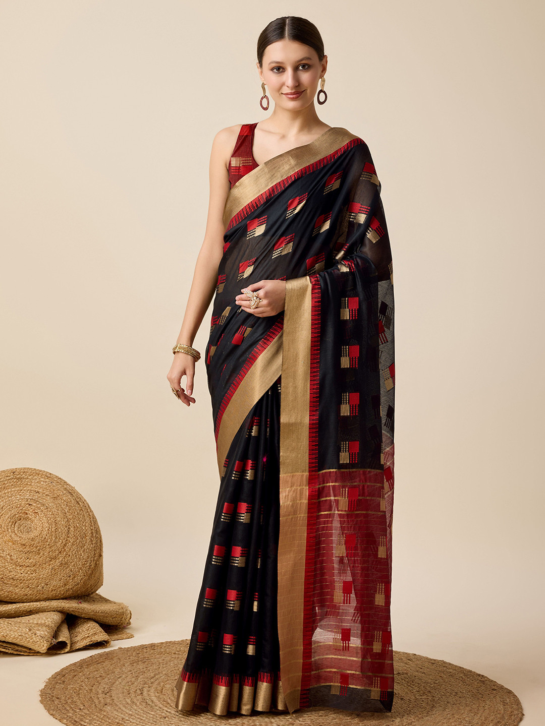 HEER FASHION Woven Design Solid Border Banarasi Saree With Blouse