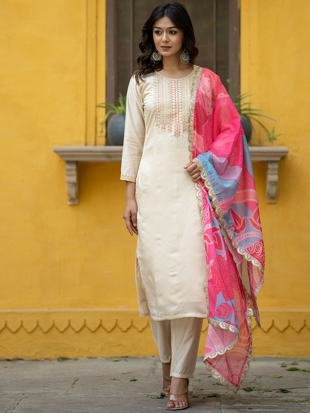 ASPORA Yoke Design Regular Sequinned Chanderi Silk Straight Kurta With Trousers & Dupatta