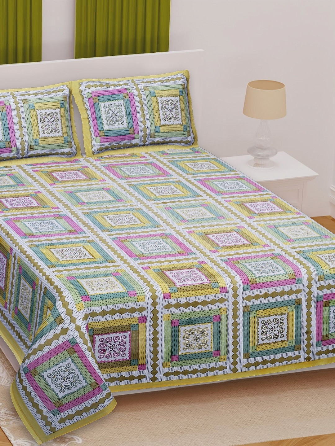 Texstylers Kantha Yellow Ethnic Motifs Cotton 210 TC Queen Bedsheet with 2 Pillow Covers-87 x 106 inches