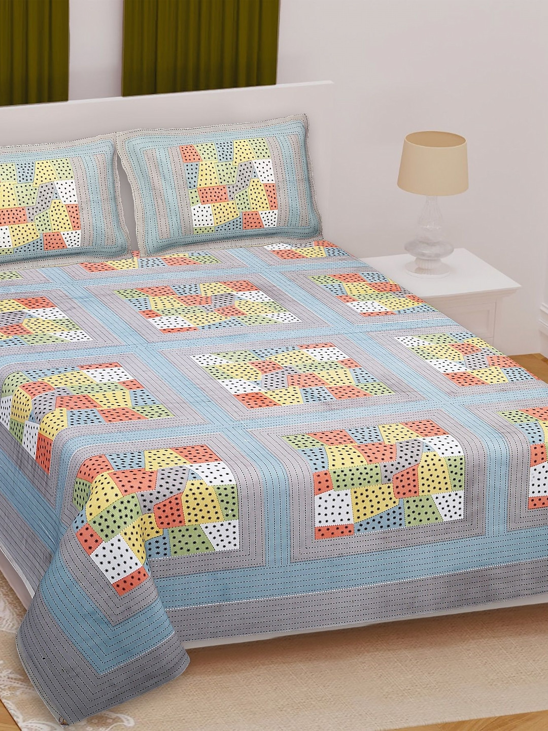 Texstylers Grey Abstract Cotton Dotted 210 TC Queen Bedsheet with 2 Pillow Covers-220 x 270 cm