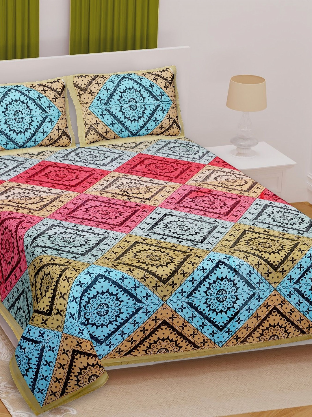 Texstylers Katha Yellow Floral Cotton 210 TC Queen Bedsheet with 2 Pillow Covers-87 x 106 inches