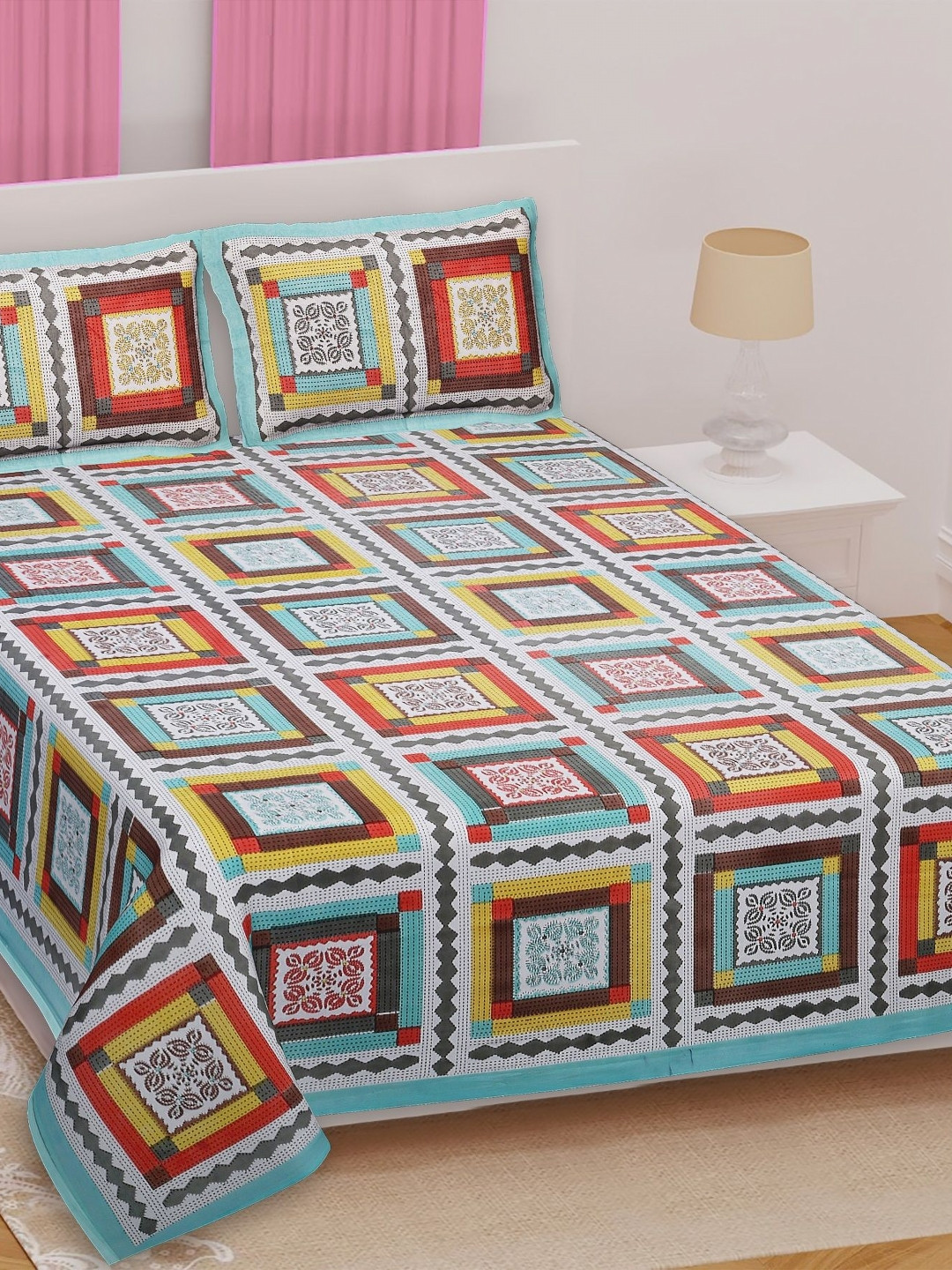 Texstylers Kantha Pattern Blue Ethnic Motifs Cotton 210 TC Queen Bedsheet with 2 Pillow Covers-87 x 106 inches