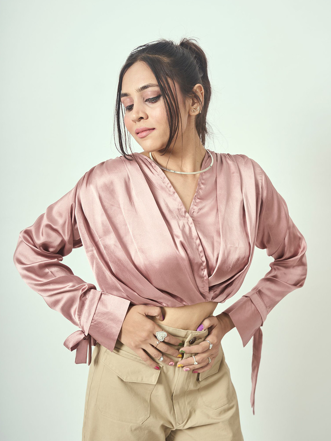 D BIAS Extended Sleeves Satin Wrap Top