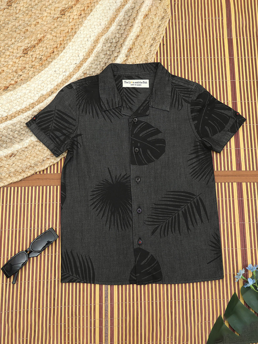 The Lion and The Fish Boys Denim Printed Cuban Collar Relaxed Fit Shirt