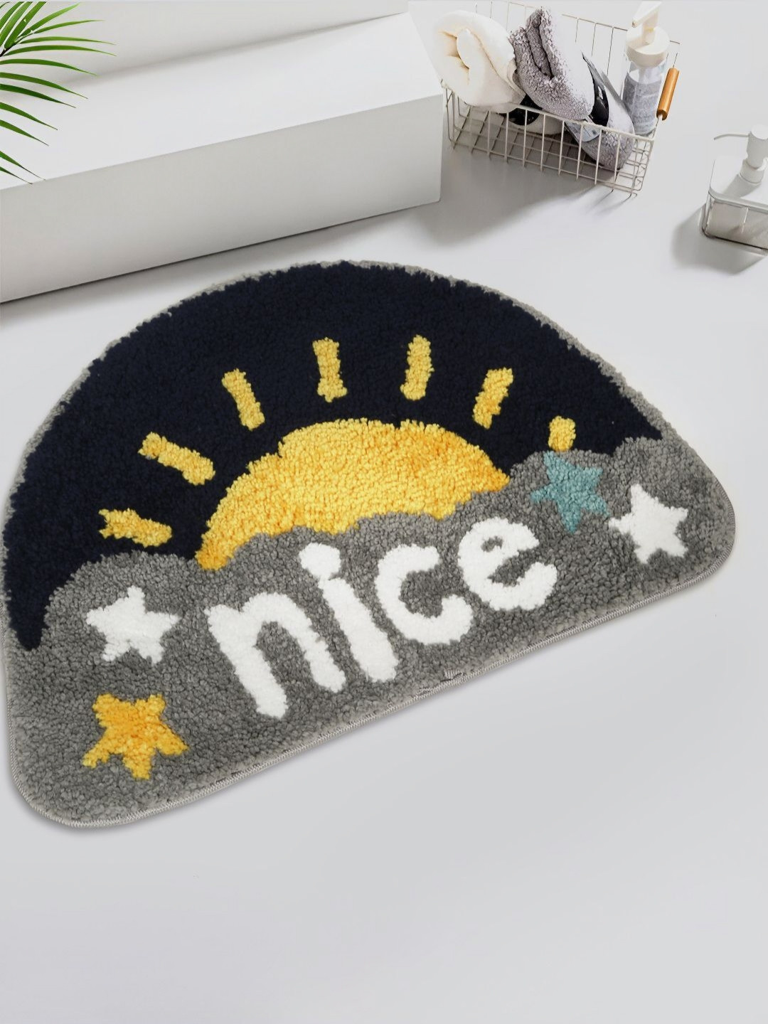 HOSTA HOMES Black & Yellow Printed Anti-Skid Cotton Fur Bath Rug