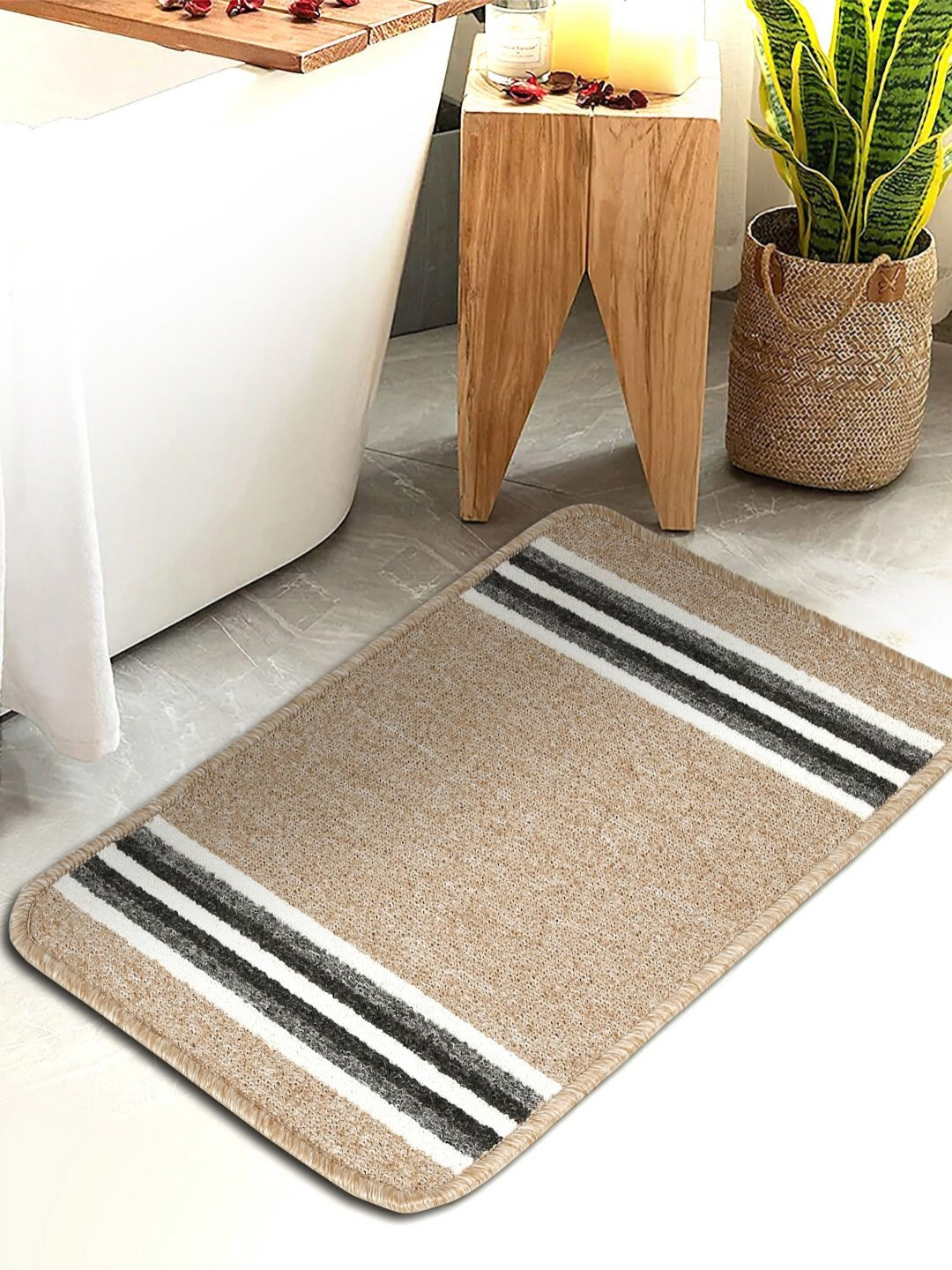 HOSTA HOMES Beige & White Striped Anti-Skid Cotton Fur Bath Rug