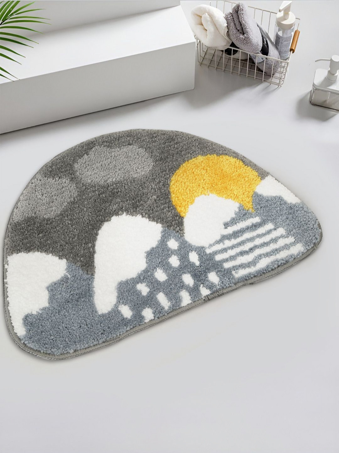 HOSTA HOMES Yellow & Grey Printed Water Absorbant Anti-Skid Cotton Fur Bath Rug