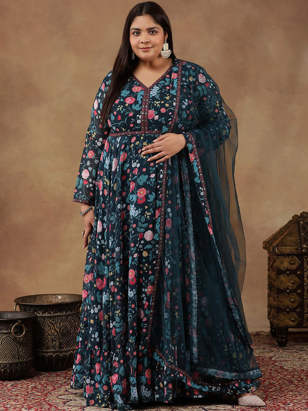 INDDUS Plus Size Floral Printed Long Sleeves Georgette Anarkali Kurta With Dupatta