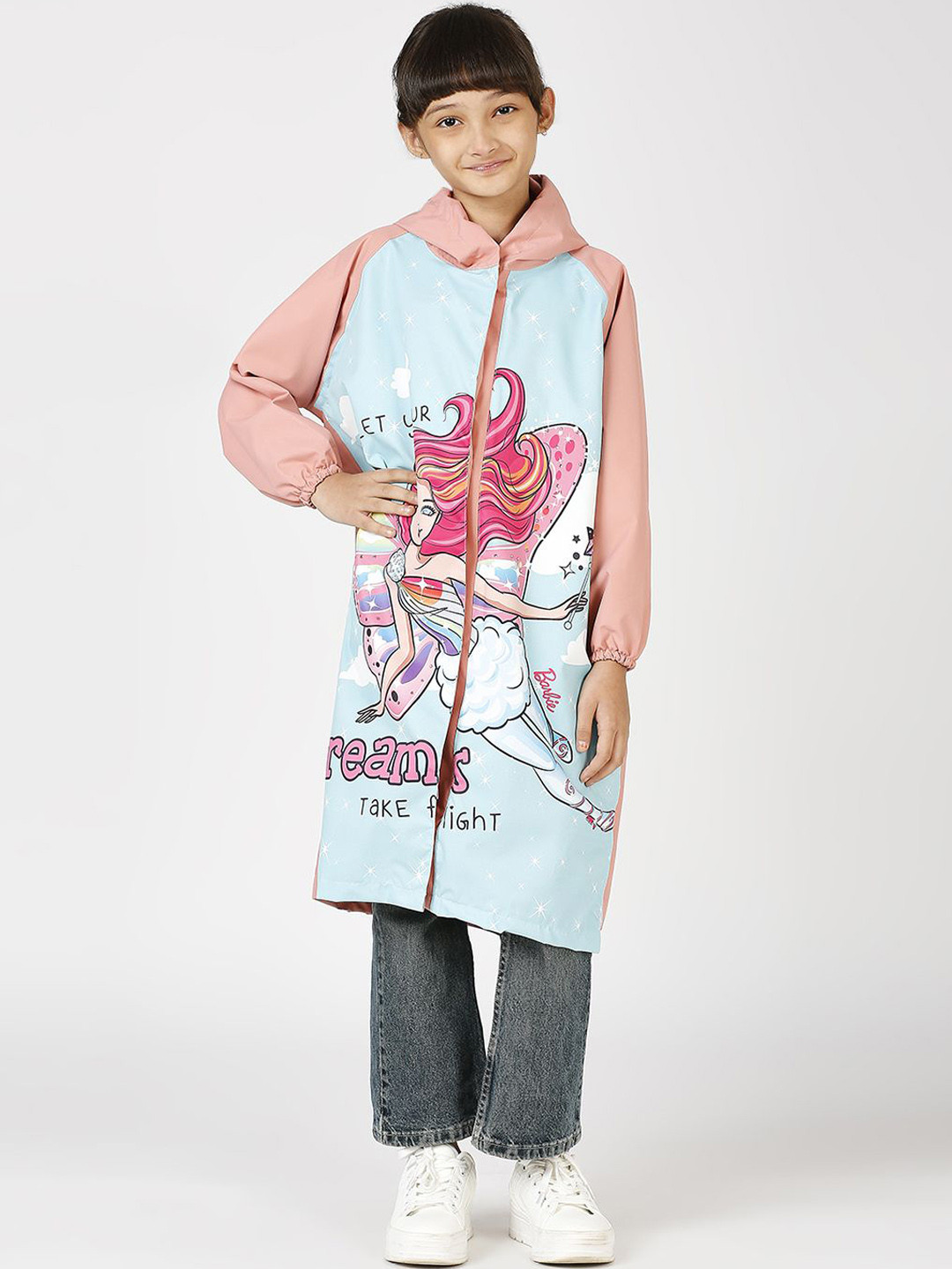 Zeel Girls Barbie Printed Hooded Rain Jacket