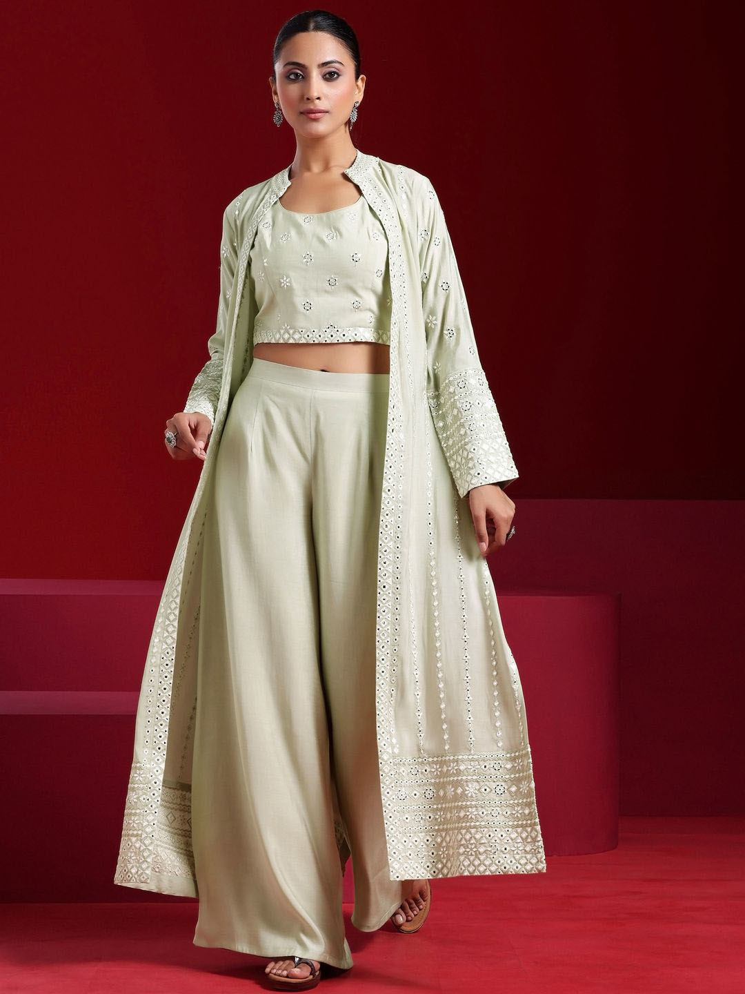 Libas Art Floral Embroidered Crop Top With Shrug & Palazzos