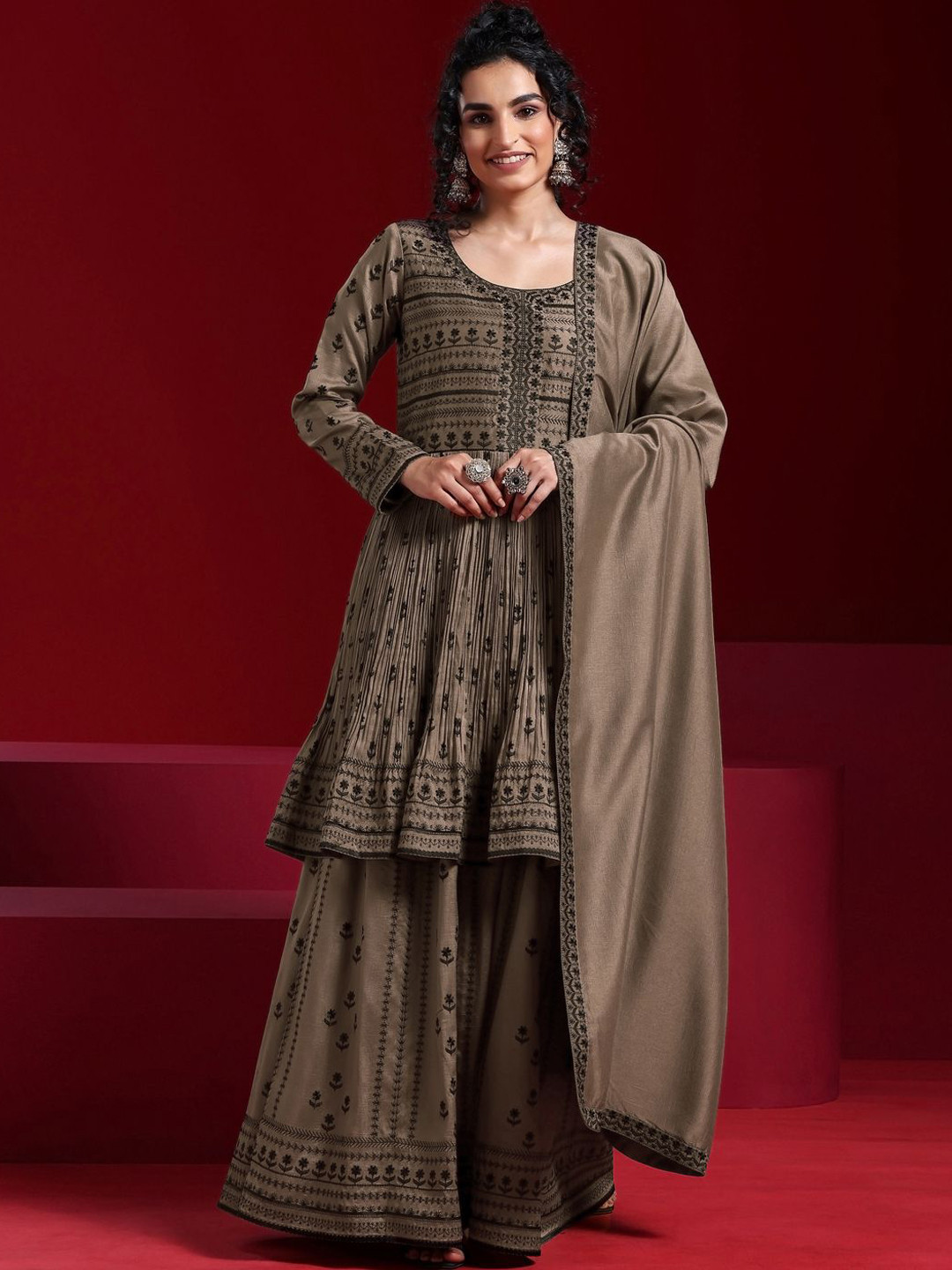 Libas Art Womens Brown Embroidered A-Line Kurta With Sharara & Dupatta