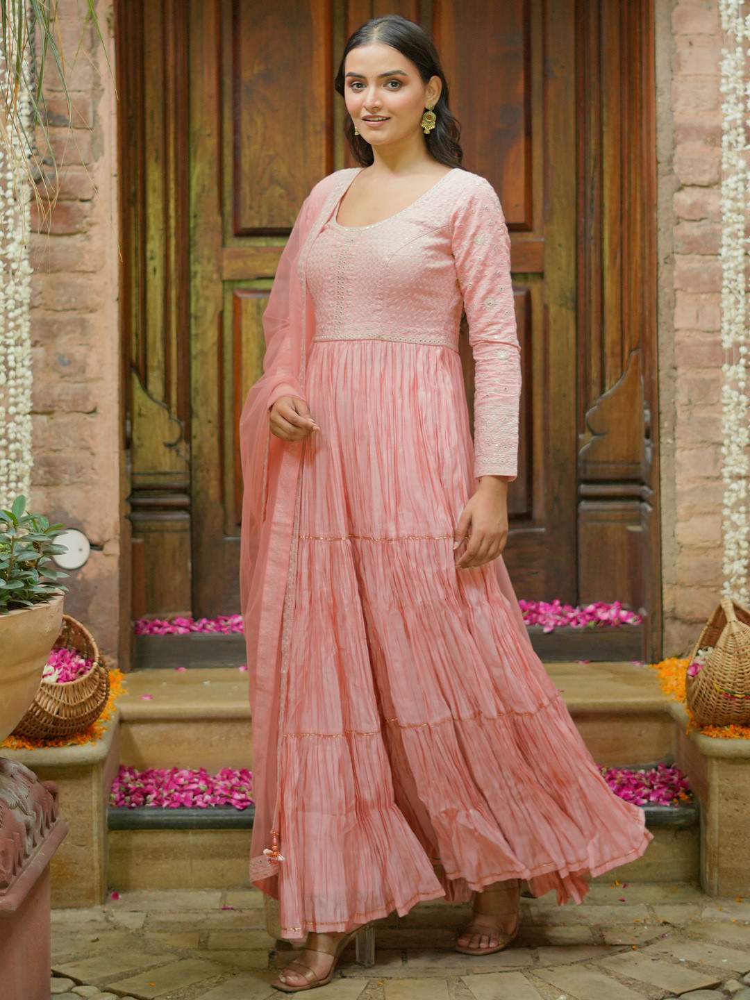 Libas Art Floral Embroidered Tiered A-Line Kurta With Trousers & Dupatta
