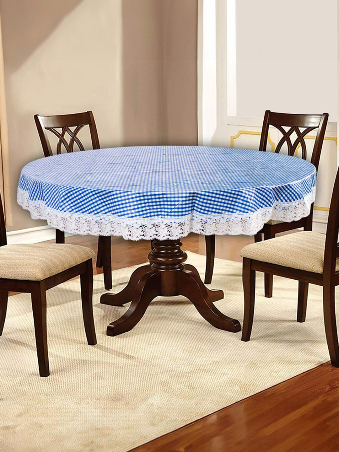 Dakshya Industries Blue & White Checked 4-Seater Waterproof Table Cover With Embroidered