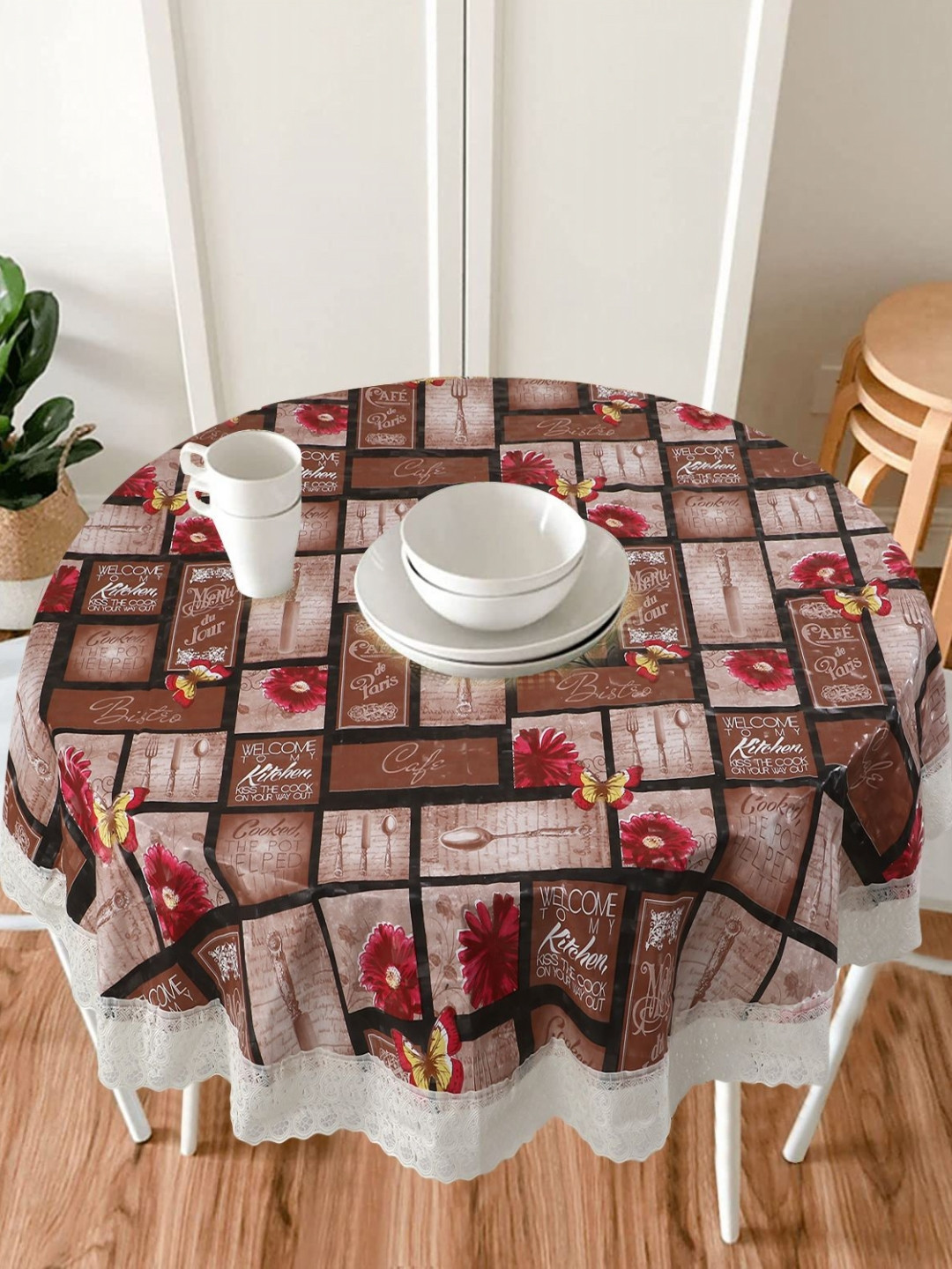Dakshya Industries Rust & Yellow Printed Embellished Waterproof Round Shaped Table Cover