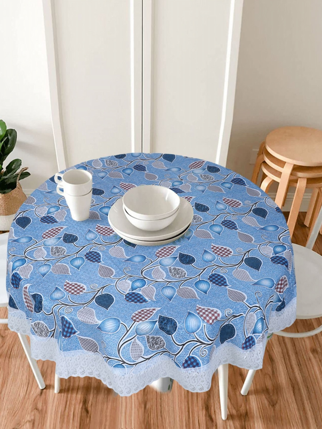 Dakshya Industries Blue & White Floral Printed Embellished Waterproof Round Table Cover