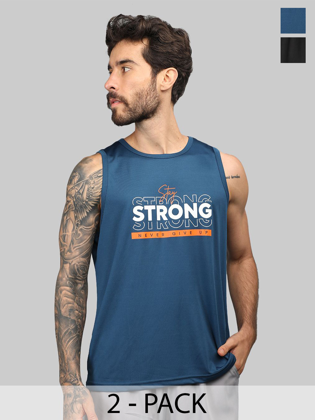 CHKOKKO Men Pack Of 2 Typography Printed Round Neck Gym T-shirts