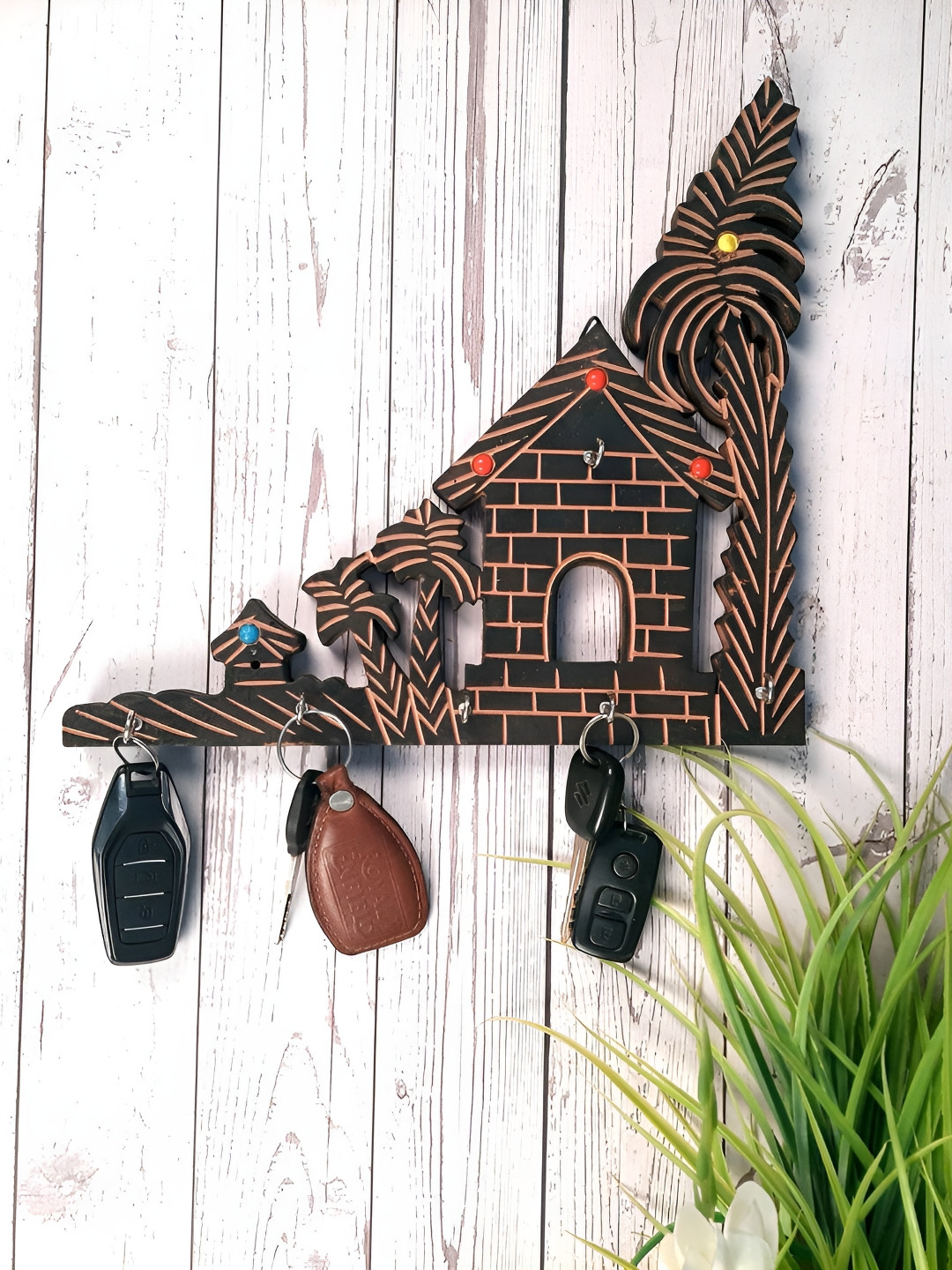 apka mart Brown & Cream- Colored Textured Wooden Wall Hooks Key Holder