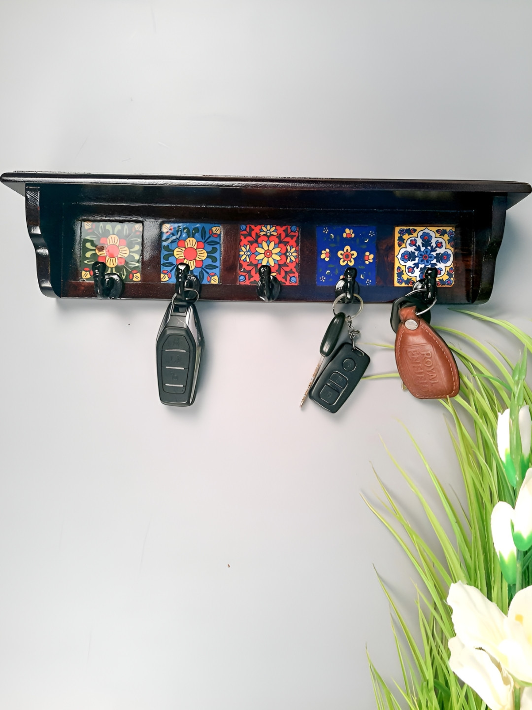 apka mart Black & Blue Floral Wooden Wall Hooks Key Holder