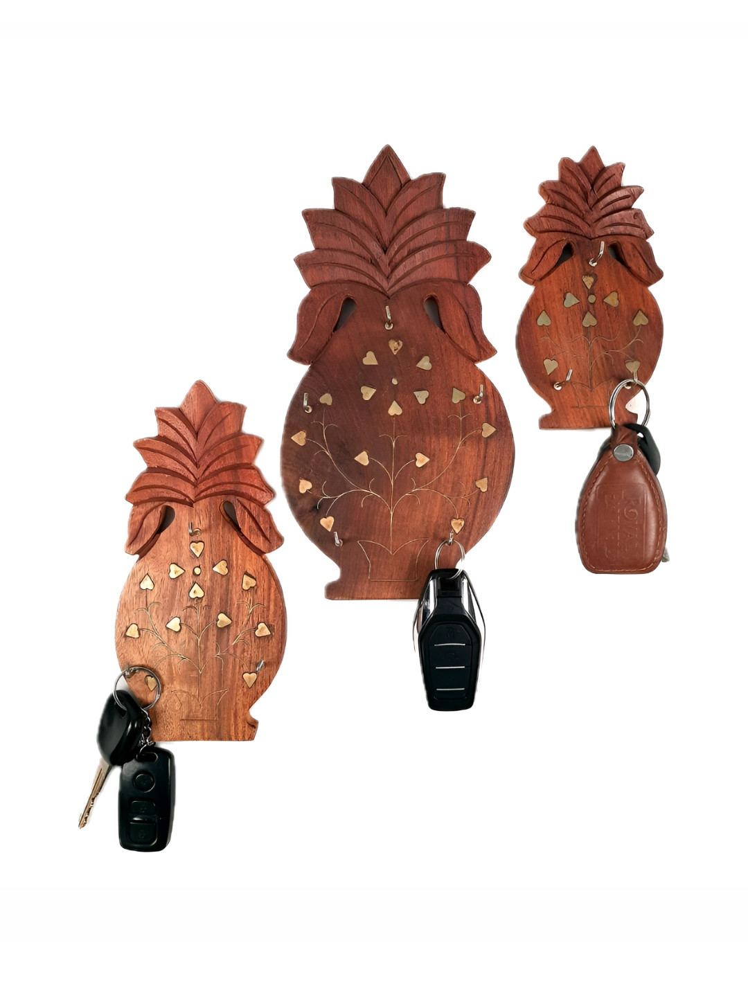 apka mart Brown & Yellow 3 Pieces Printed Wooden 4 To 6 Hooks Key Holders