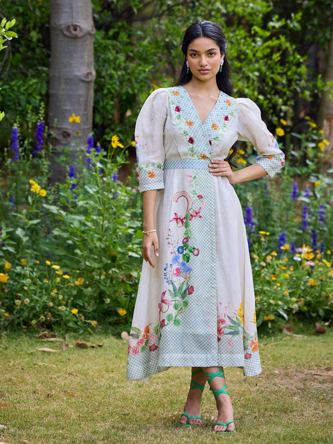 Pozruh V-Neck Floral Puff Sleeves Wrap Midi Dress