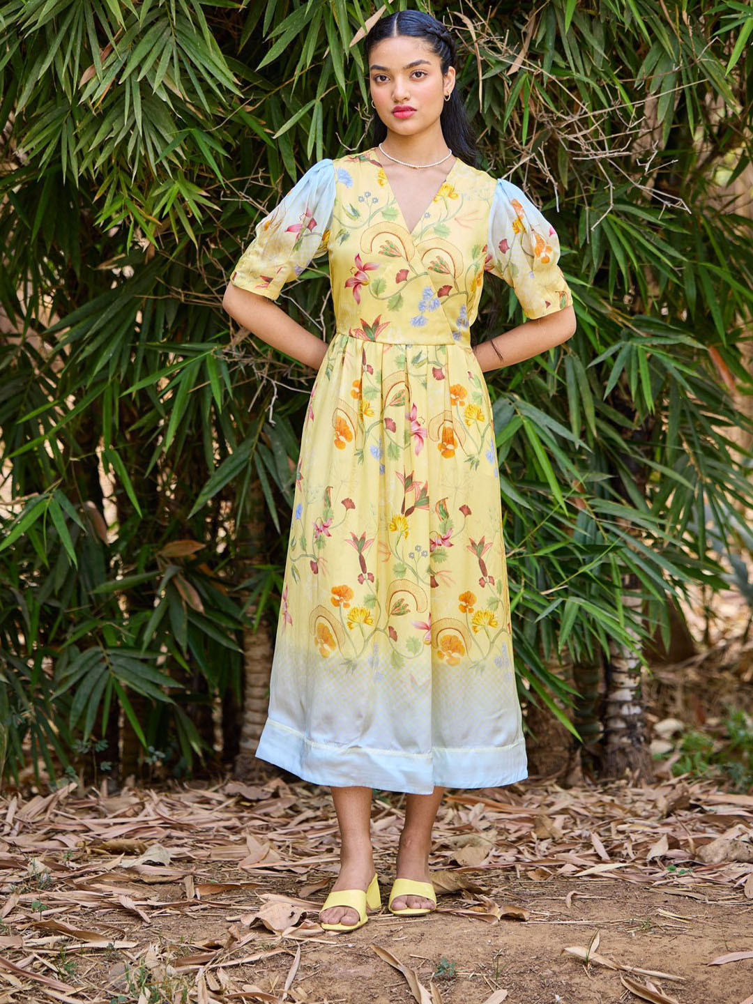 Pozruh Floral Print Satin Fit and Flare Midi Dress