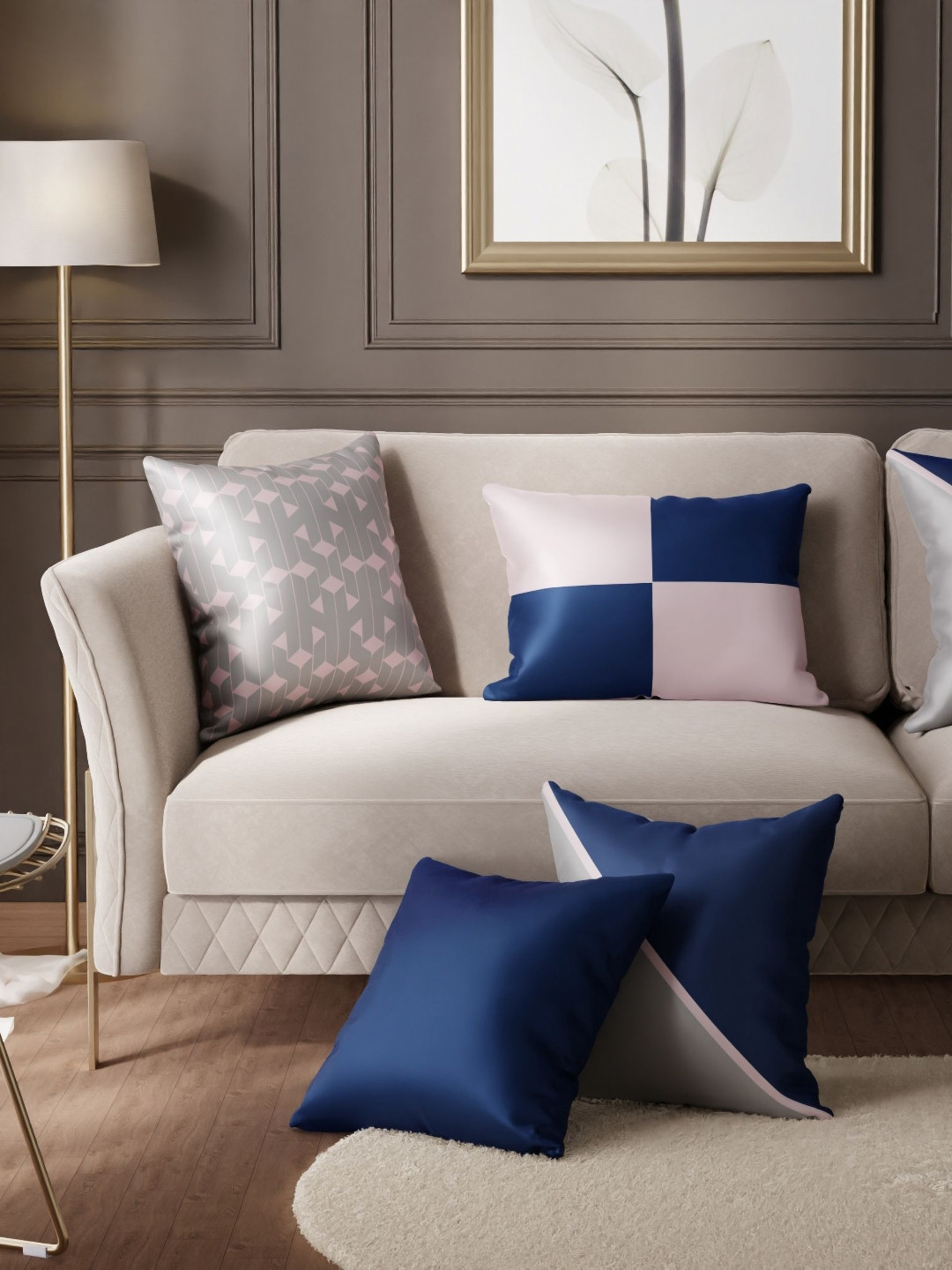 Stoa Paris Navy Blue Checked Polyester Washable 5 Piece Square Cushion Covers -16x16In