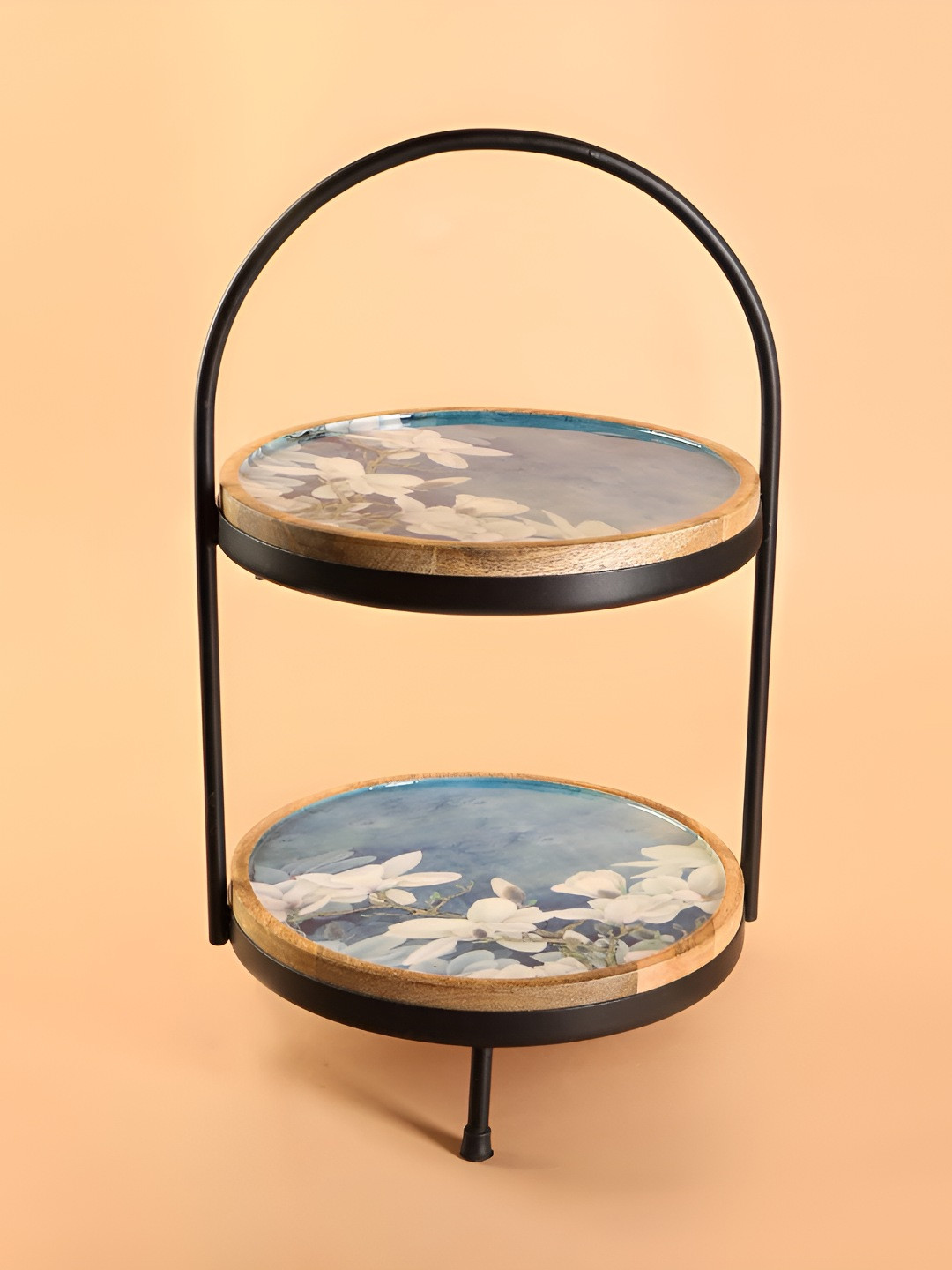 THE HOME CO. Blue & White Printed Wooden Food Platter With Stand