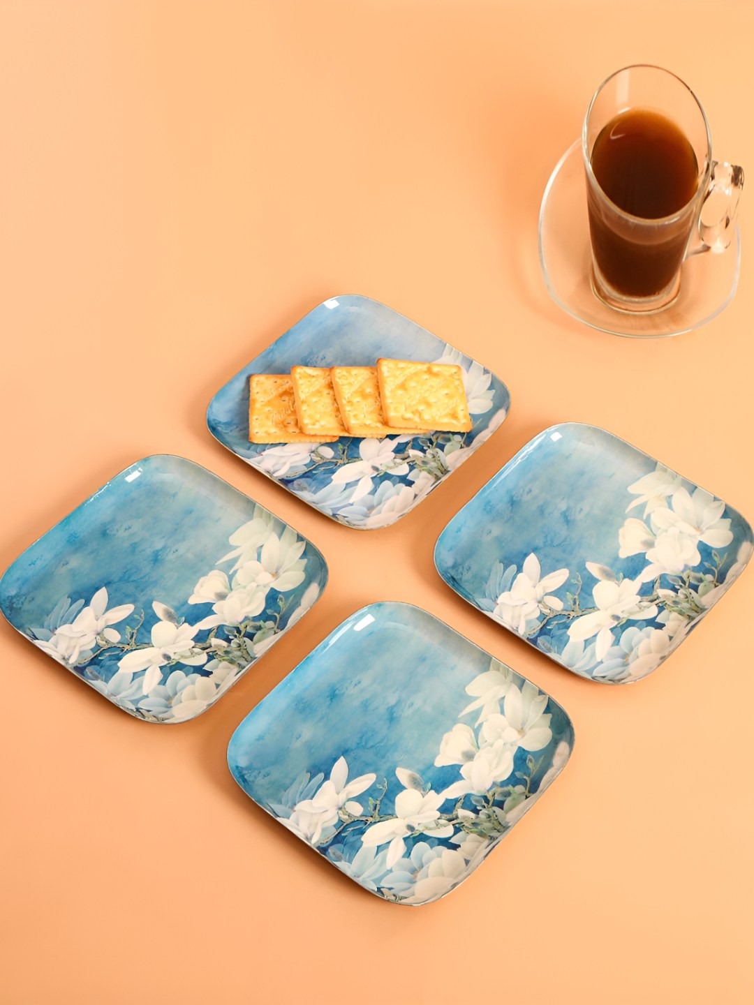 THE HOME CO. Blue & White 4 Pieces Floral Printed Aluminium Square platter