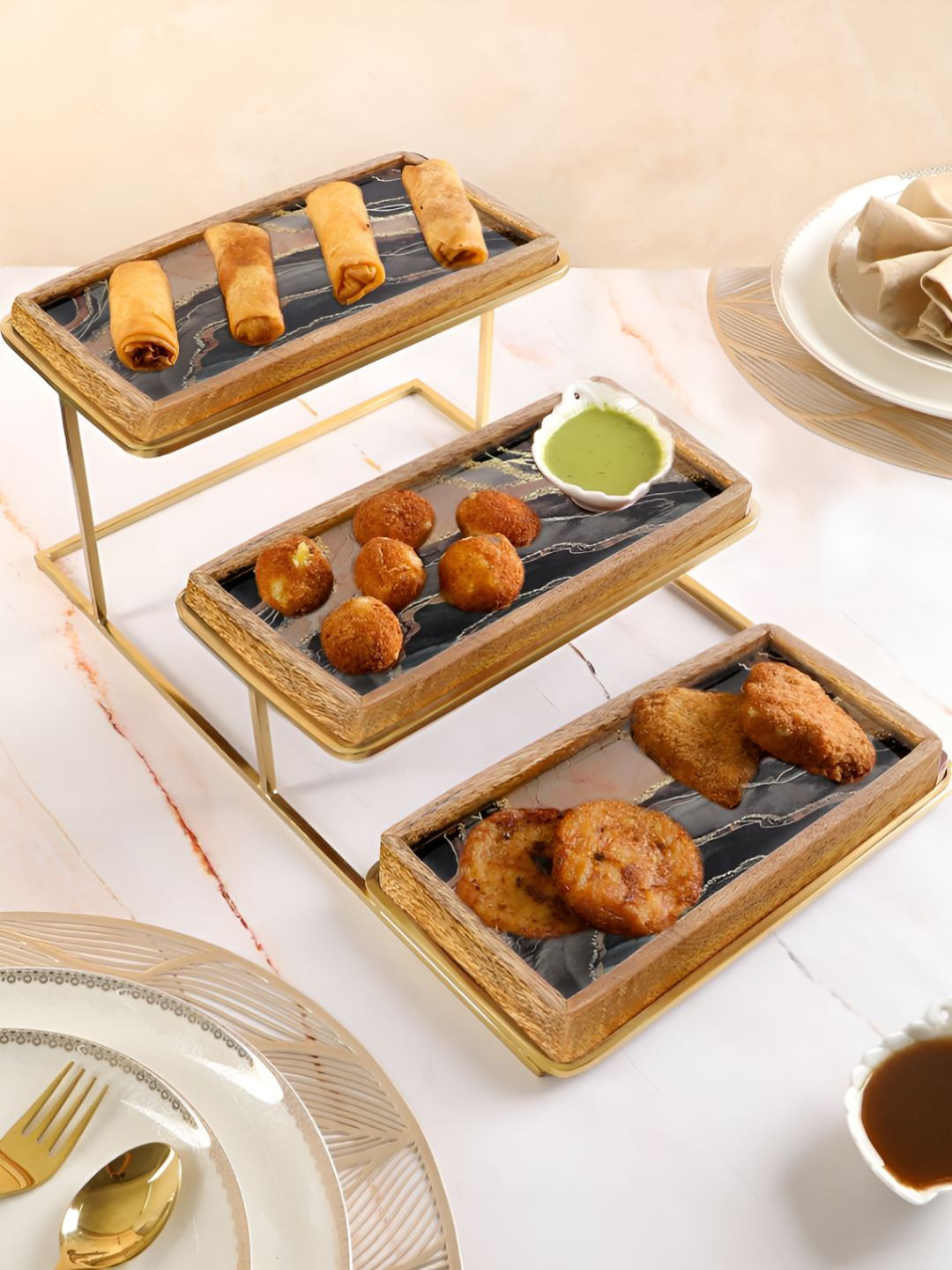 THE HOME CO. Brown & Gold Toned 3 Pieces Abstract Printed Tier Wooden Food Platter