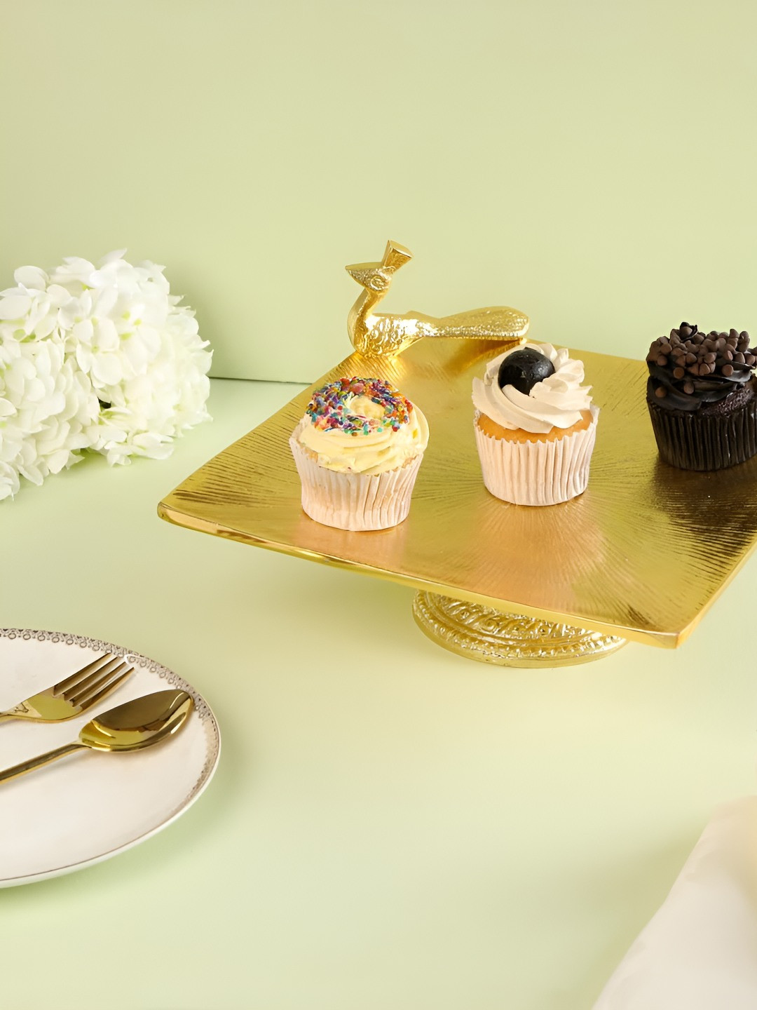 THE HOME CO. Gold Toned Peacock Design Aluminium Square Serving Tray