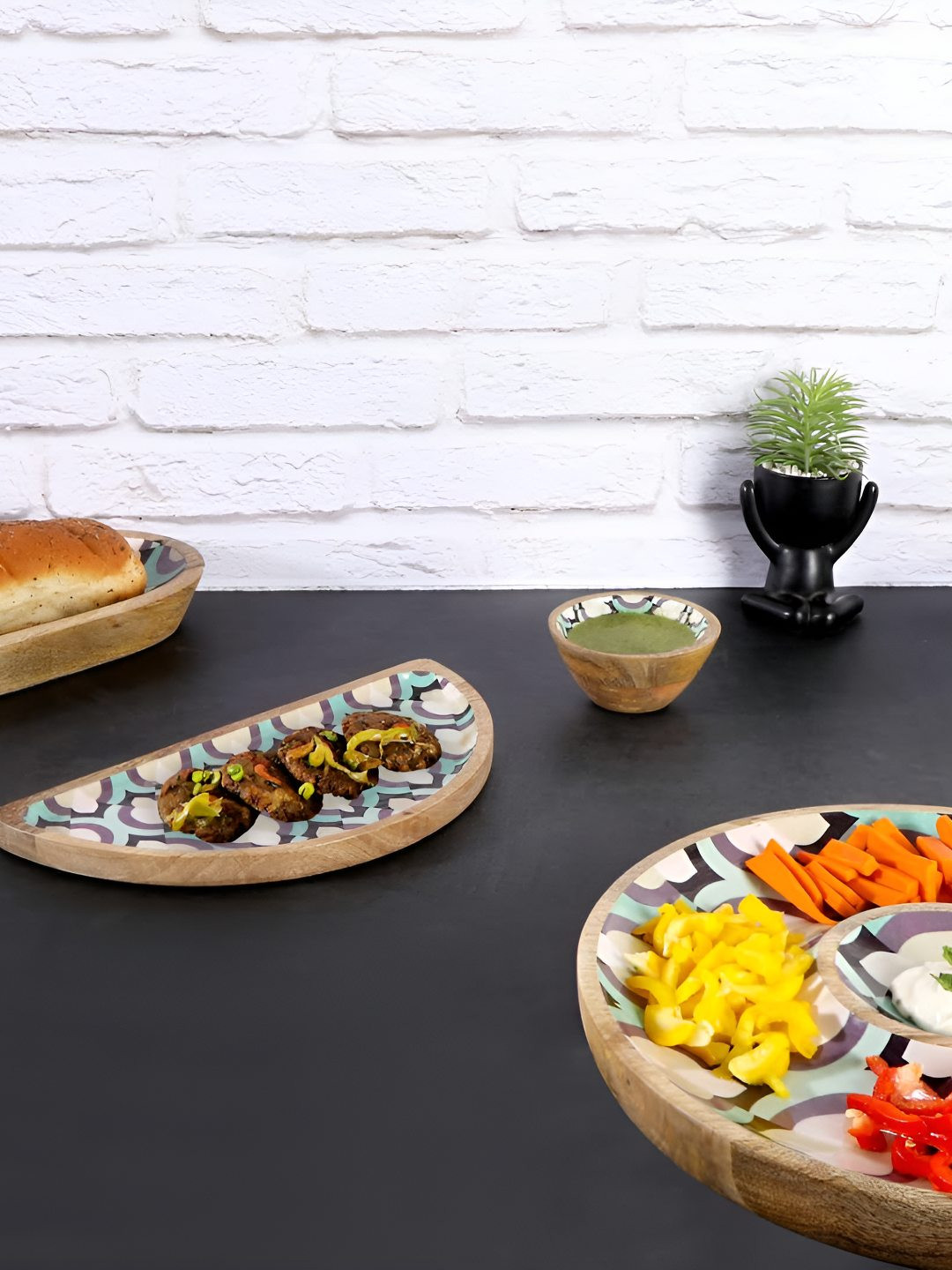 THE HOME CO. Green & Brown 2 Pieces Mosaic Printed Mango Wood Serving Tray With Dip Bowl