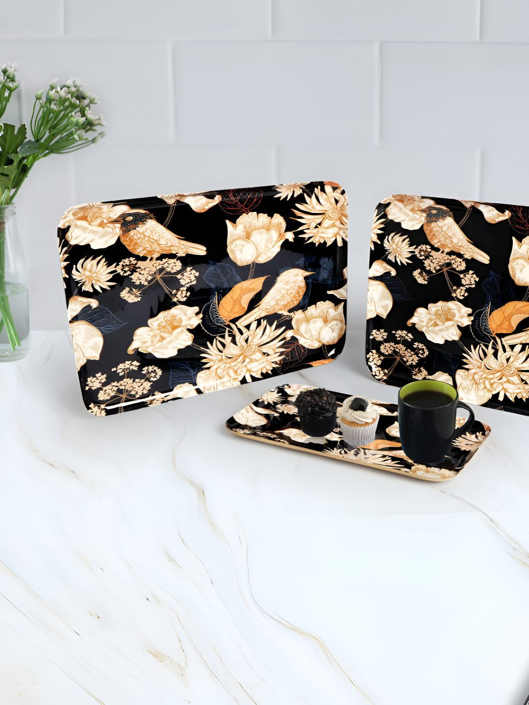 THE HOME CO. Black & Brown 3 Pieces Birds Printed Rectangle Aluminium Serving platter