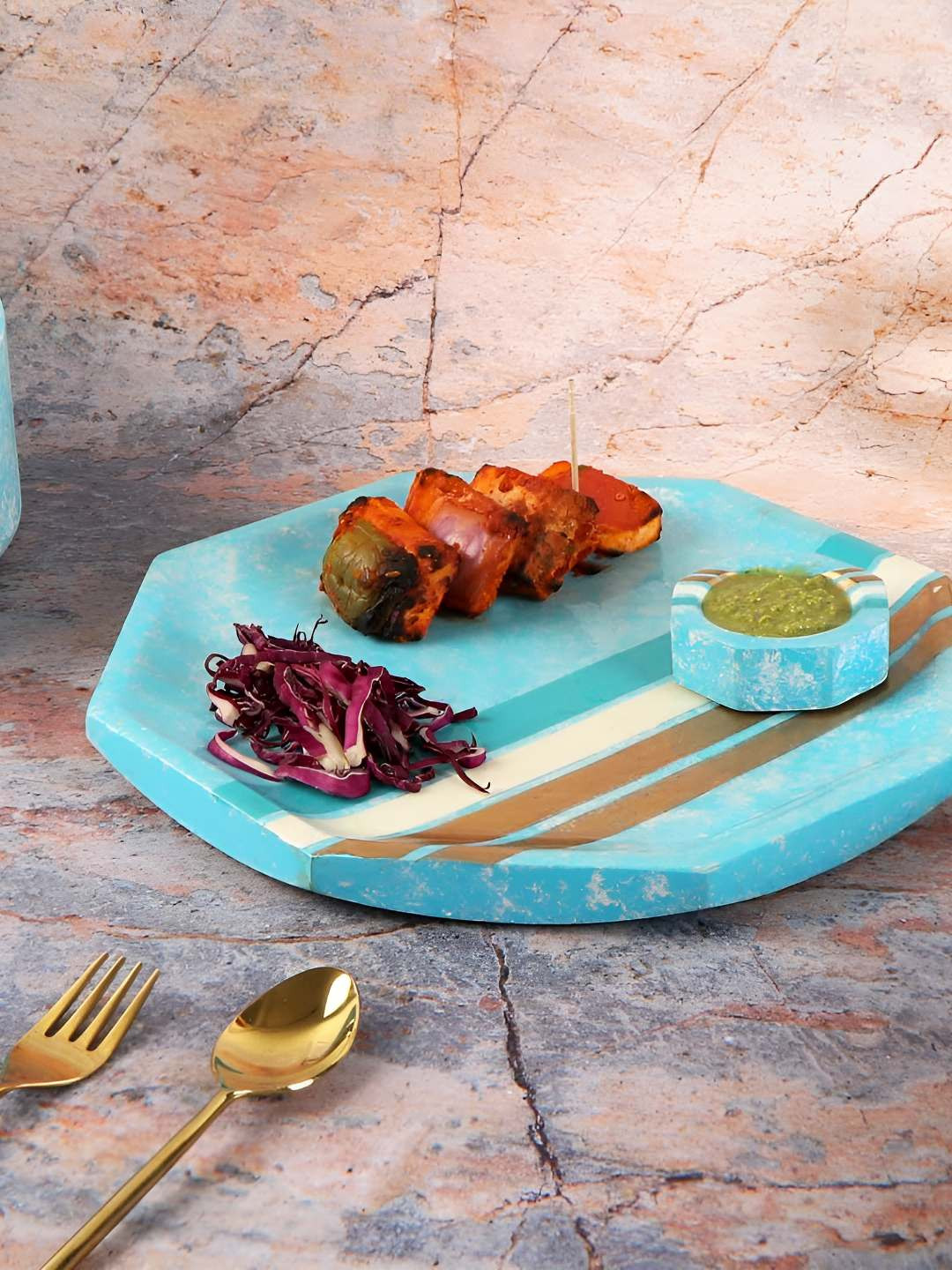 THE HOME CO. 2-Pcs  Blue Hexagon Marble Finish Platter & Bowl