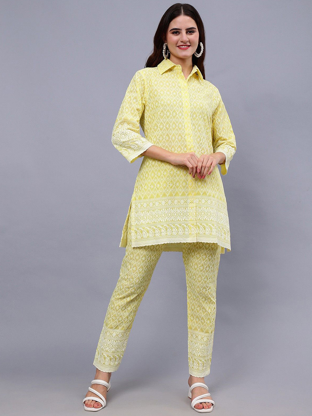 Frolic Rolic Yellow Embroidered Cotton Three-Quarter Sleeves Co-Ords Set